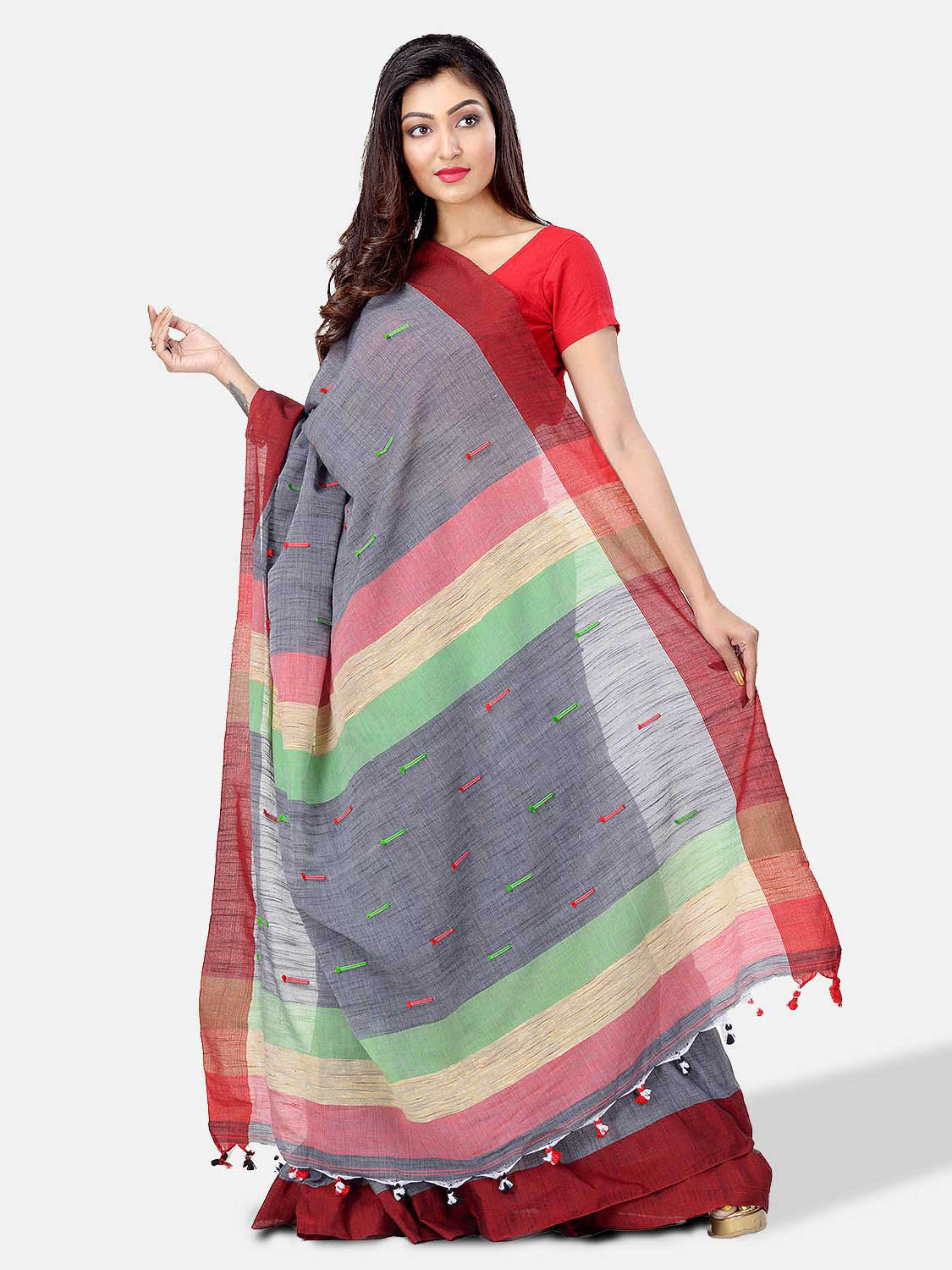 Pure Cotton Traditional Bengali Handloom Tant Saree Very Soft Cotton Materials Clical Desigined With Blouse Pcs (Grey Red Green)